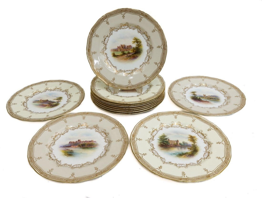 12 Royal Worcester England Hand Painted Porcelain British Castle Cabinet Plates: 12 Royal Worcester England hand painted porcelain British Castle cabinet plates, 1941. A cream ground with gilt accents around the scalloped rim. The center depicting various castles around Britian in