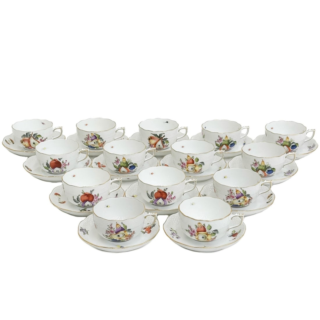 14 Herend Hungary Fruits & Flowers Painted Porcelain Flat Cup & Saucers 724 BFRN: 14 Herend Hungary Hand Painted Porcelain Flat Cup & Saucers in Fruits and Flowers. Hand painted fruits and florals to the center. Underside marked Herend Hungary 724 BFRN 60 B / 155 B Weight: Approx.