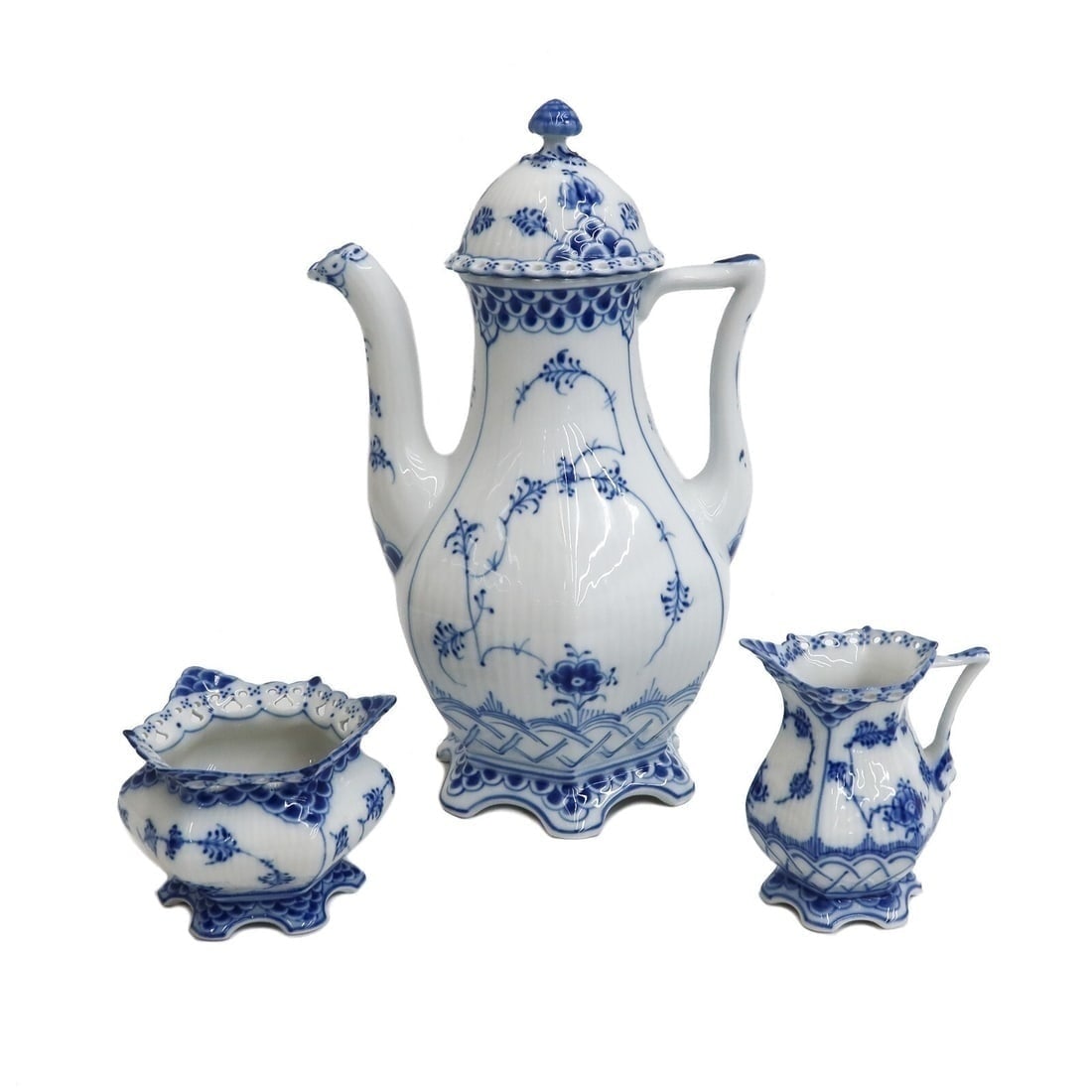 Royal Copenhagen Denmark Porcelain Full Lace 3 Piece Coffee Set #1112 #1032 #128: Royal Copenhagen Denmark porcelain blue fluted full lace 3 piece coffee set #128, #1112, #1130. Fluted porcelain with a delicate blue floral design. Full lace border to the rim. Underside with Royal C