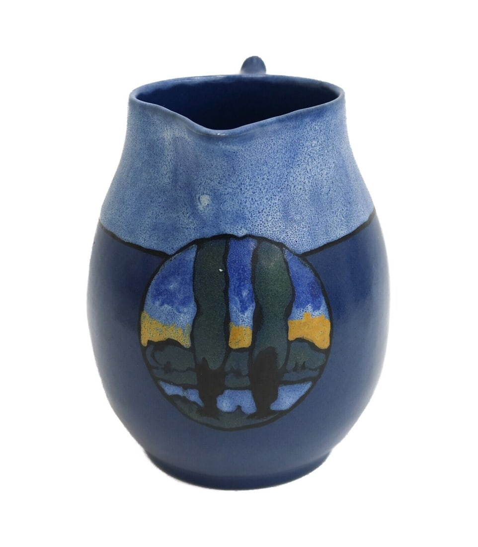 Paul Revere Pottery Saturday Evening Girls Landscape Pitcher Lili Shapiro: Paul Revere Pottery Saturday Evening Girls Landscape Pitcher Jug Lili Shapiro. A blue ground with landscape scenes to the center. Underside with ink marked "S-E-G" for Saturday Evening Girls with arti