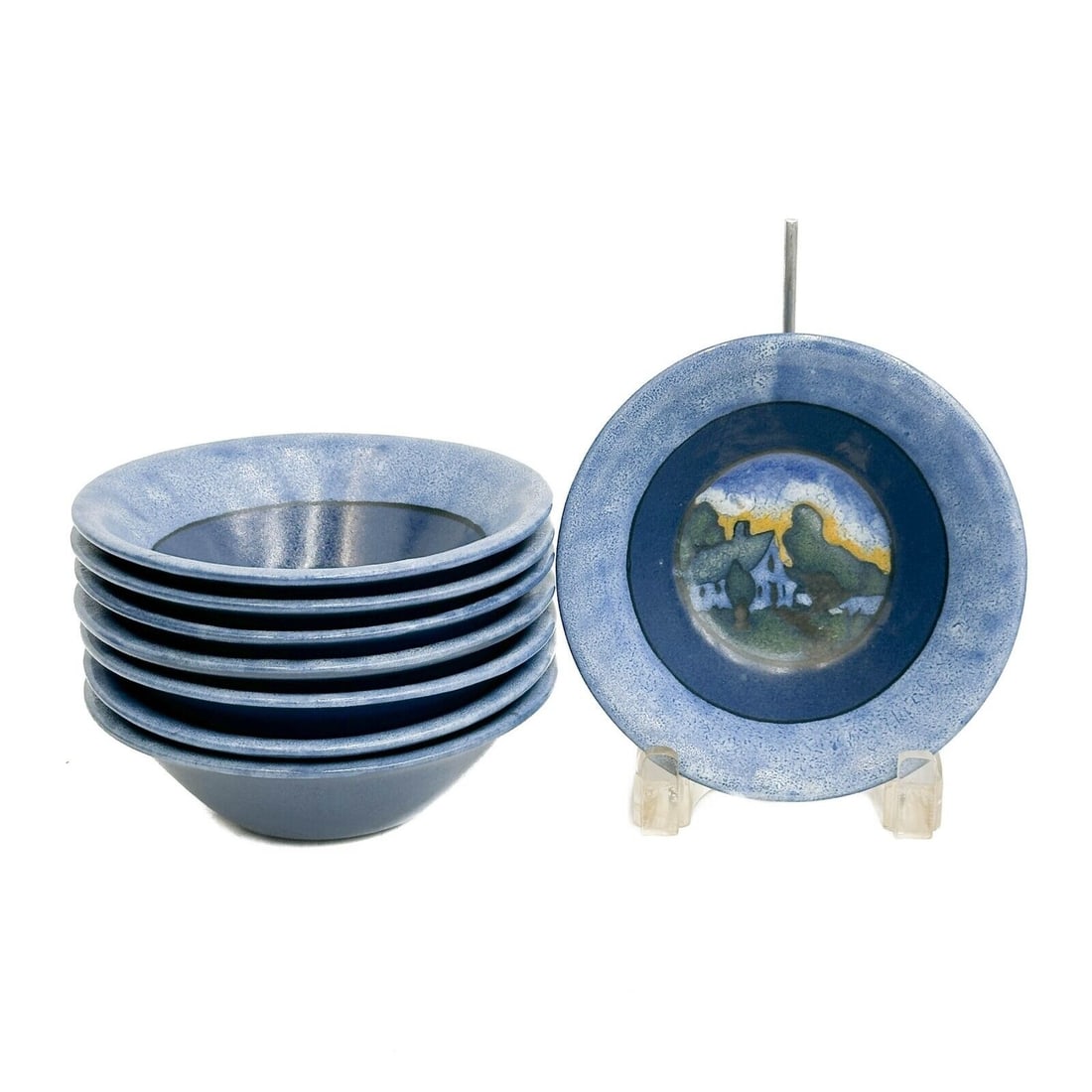 8 Paul Revere Pottery Saturday Evening Girls Landscape Soup Bowls Lili Shapiro: 8 Paul Revere Pottery Saturday Evening Girls Landscape Medallion Soup Bowls Lili Shapiro. A blue ground with landscape scenes to the center. Underside with Impressed stamp mark for Paul Revere Pottery