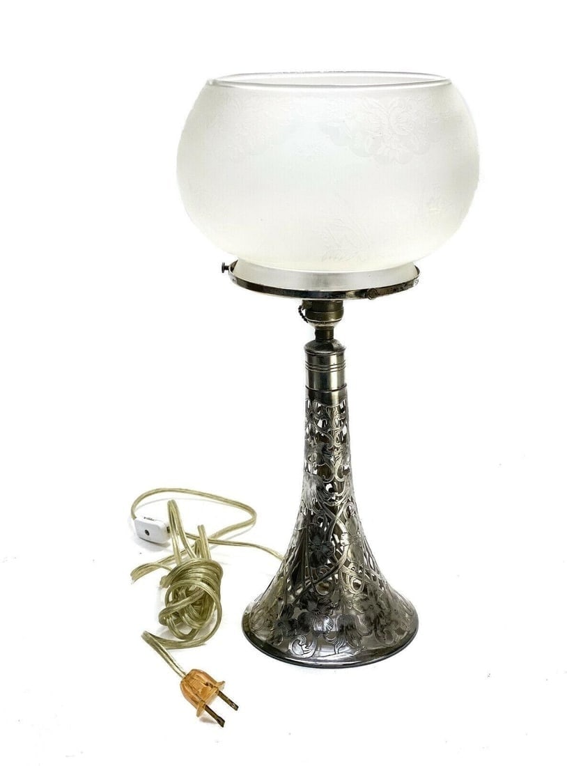 Black Starr Frost 999 Silver Overlay Frosted Glass Lamp: Black Starr Frost 999 fine silver overlay acid etched frosted glass lamp. Etched floral designs to the silver overly. Acid etched leaves and floral designs to the frosted glass shade. Marked "Black St