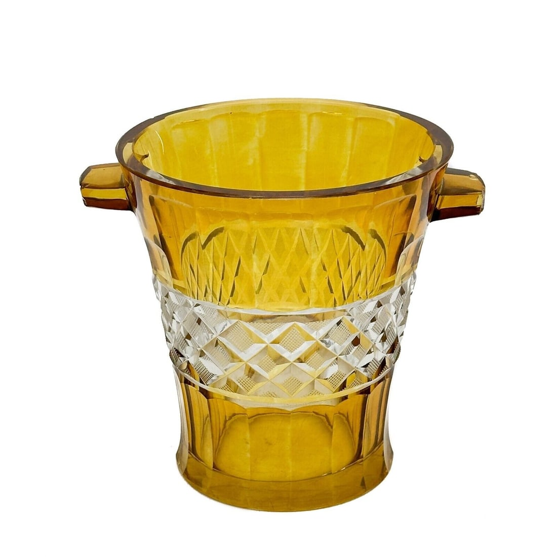 Bohemian Amber Cut to Clear Glass Ice Bucket or Wine Cooler early 20th century: Bohemian Amber Cut to Clear Glass Ice Bucket or Wine Cooler, early 20th century. Scalloped body, amber cut to clear diamond pattern in a band around the center. Weight:approx. 3 lbs Measurements: Appr