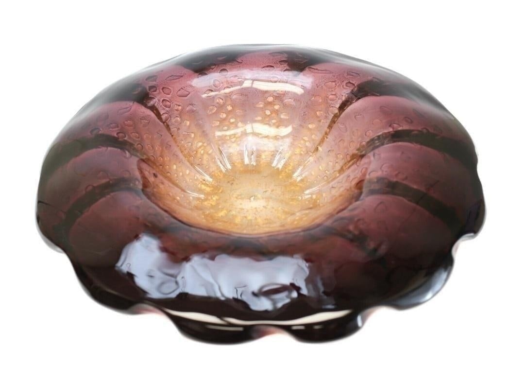Amethyst Controlled Bubble Glass Bowl, Barovier: Amethyst purple to amber gold art glass controlled bubble footed bowl. Amethyst purple to the edges of the bowl that transitions of gold flecks to the center. Unmarked, but attributed to Ercole Barovi