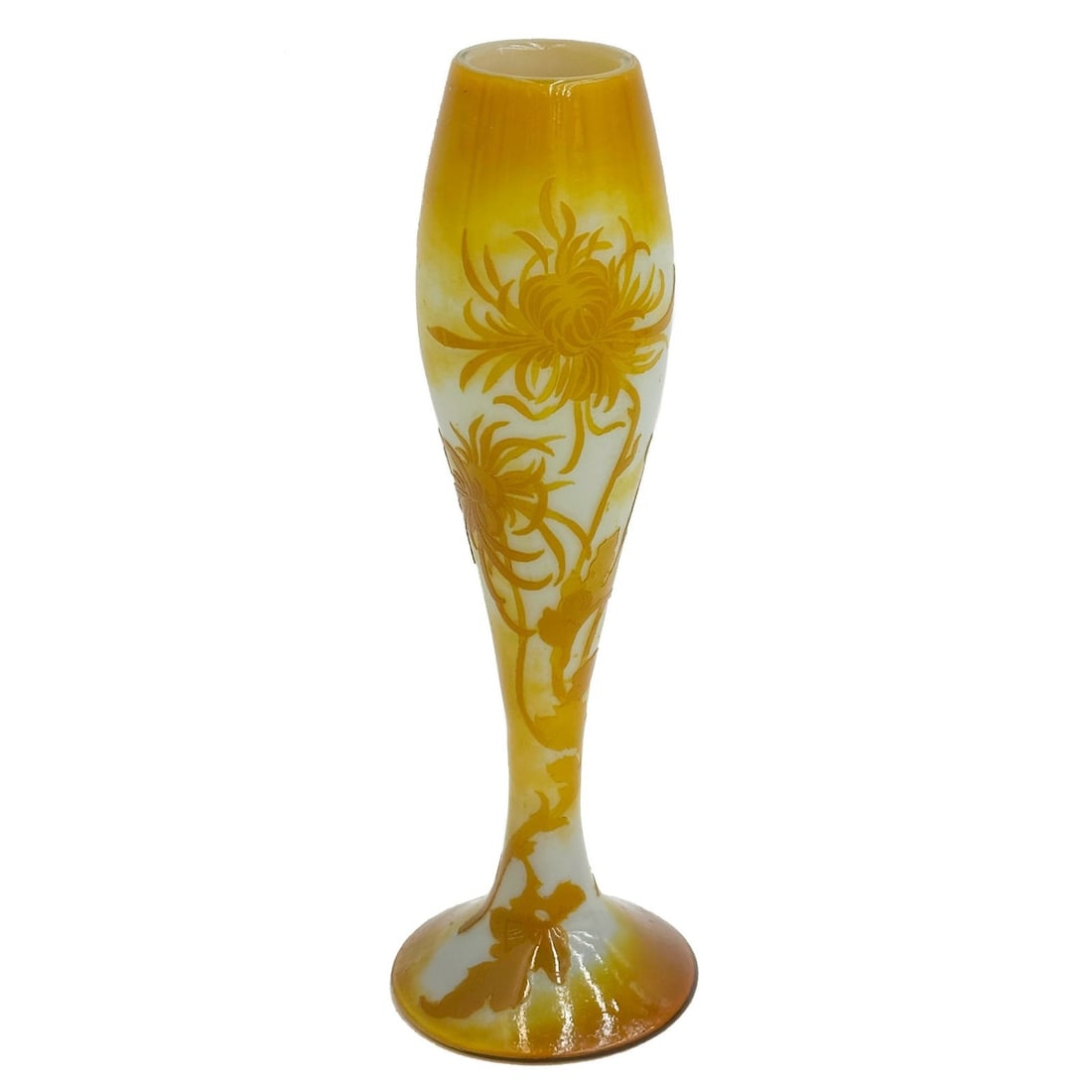 Cristallerie Galle Nancy Fire Polished Cameo Art Glass Vase Chrysanthemums c1890: Cristallerie Galle Nancy France Fire Polished Cameo Art Glass Vase circa 1890. A white and yellow ground decorated with chrysanthemum flowers in cameo, a fire polished finish. Etched flower to the und