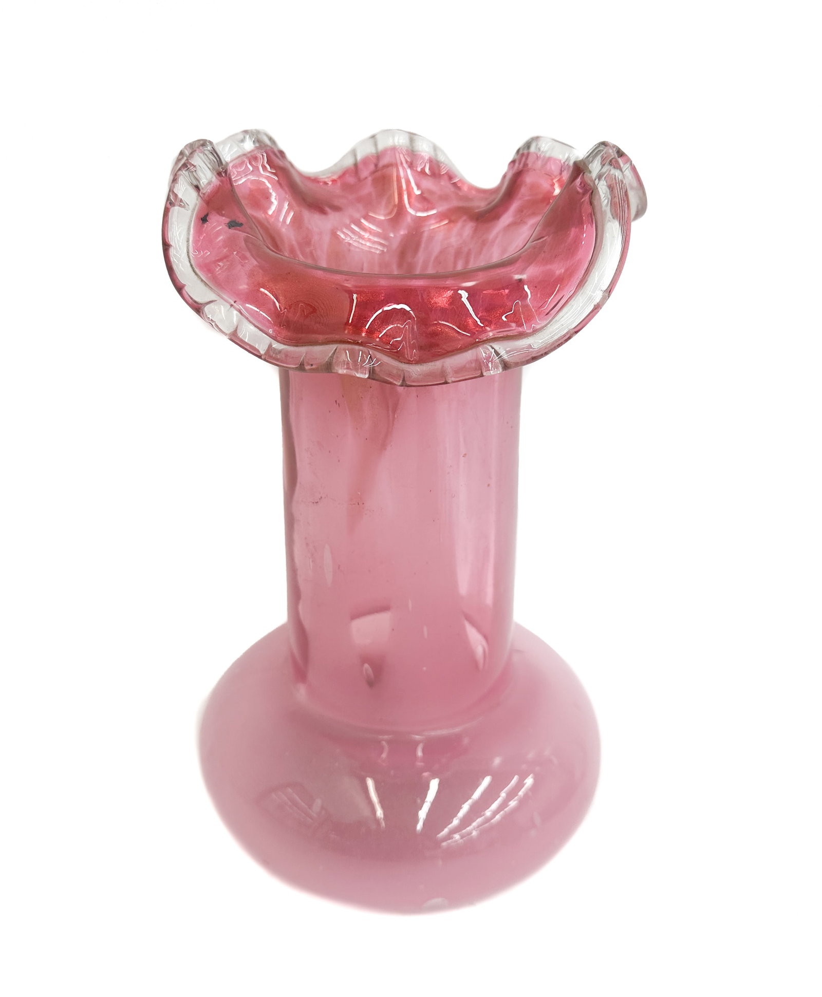 Cranberry Red Hand Blown Opalescent Glass Jack In The Pulpit Vase: Description: Cranberry red hand blown opalescent glass "Jack In The Pulpit" vase Measures Approx., 10" height x 6" wide . Domestic Shipping:$