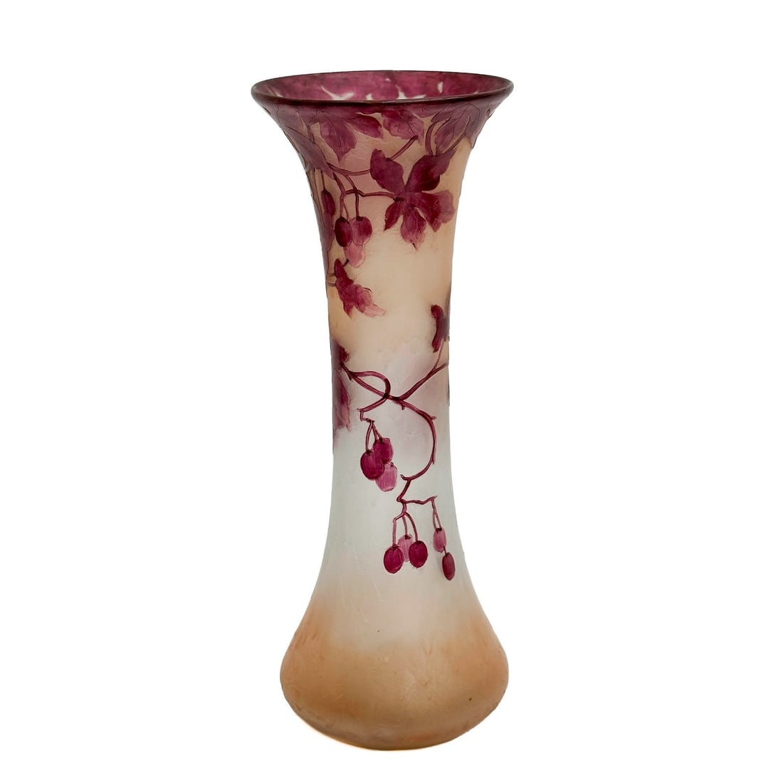 Legras France Acid Etched Cameo Art Glass Vase Purple Berries Signed c1900: Legras France acid etched cameo art glass vase, circa 1900. A white and peach ground with etched purple leaves and berries throughout. Signed Legras to the lower edge. Weight: Approx. 2 lbs Measuremen