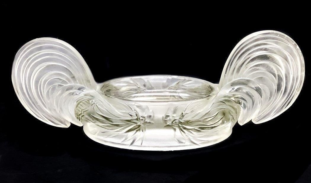 Verart Art Deco Frosted Glass Bowl, Roosters: Verart Art Deco frosted and molded glass bowl. The handles depicting roosters or cocks facing each other. Markert Verart to the underside. Weight Approx., 10 lbs Measures Approx., 21.5 inches x 7 inch