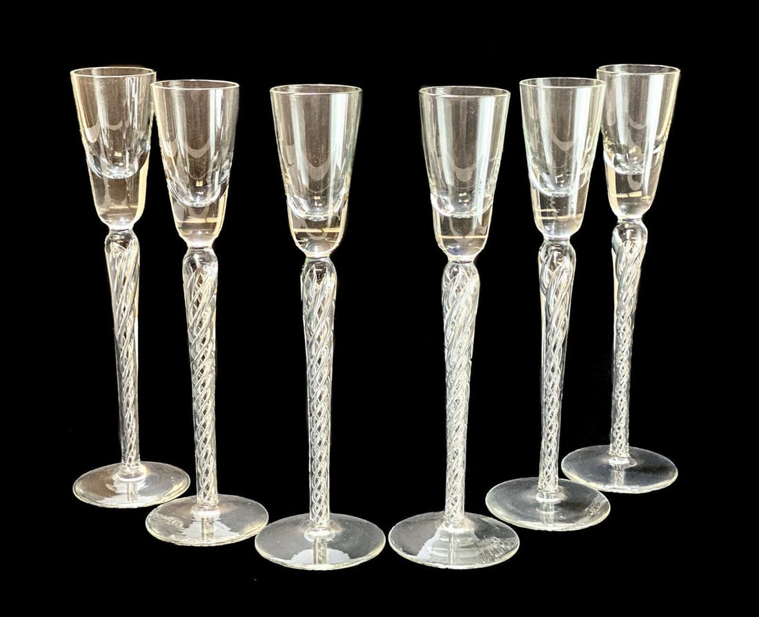 6 Cut Glass Air Twist Stem Tall Cordial Wine Goblets, Mid Century: 6 cut glass air twist stem tall cordial wine goblets, Mid Century. Unmarked. Weight: Approx. 3 lbs Measurements: Approx. 1.5 inches diameter x 8.5 inches (2.5 inches diameter base) Condition: Great co