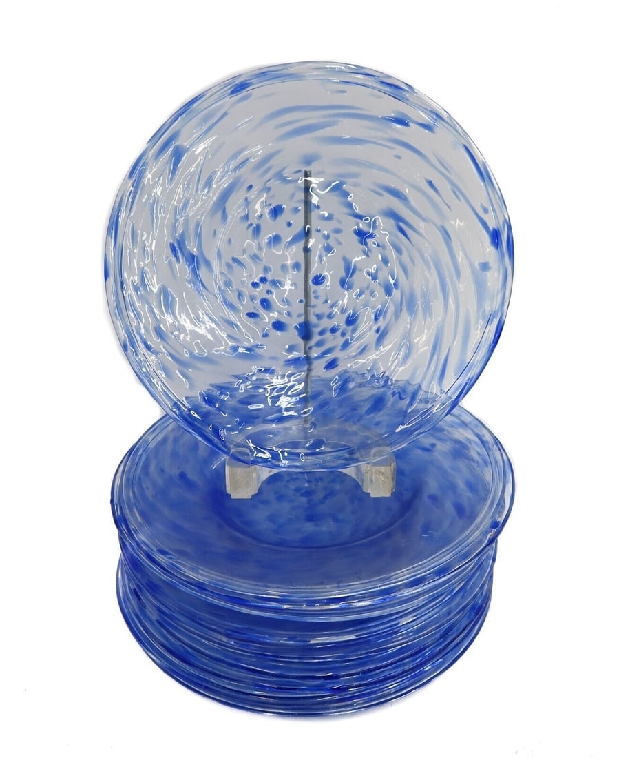 12 American Studio Glass Hand Blown Blue Mottled Luncheon Plates 20th Century: 12 American Studio Glass hand blown blue mottled luncheon plates, 20th Century. Polished pontil underside. Weight:approx. 6 lbs Measurements: Approx. 9.75 inches diameter Domestic Shipping: $50