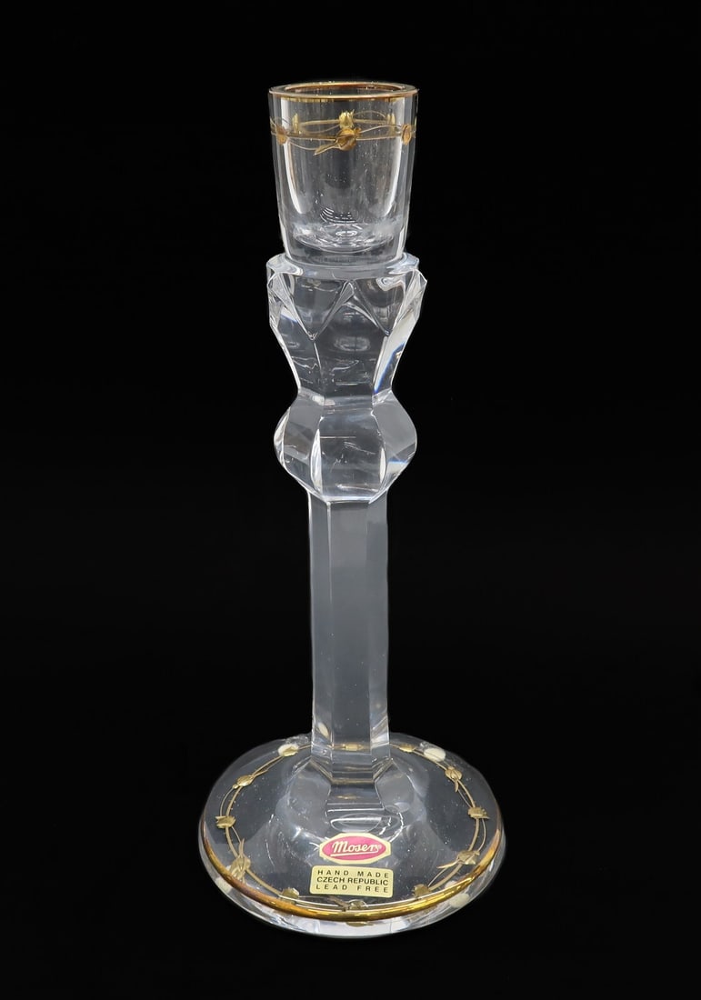 Moser Czech Cut Glass and Gilt Leaf Candle Stick Holder: Moser Czech cut glass and gilt leaf candle stick holder. Gilt leaves to circular band of rim. Acid etched moser mark to underside with original labels to base. With original foam fitted box. Weight: A