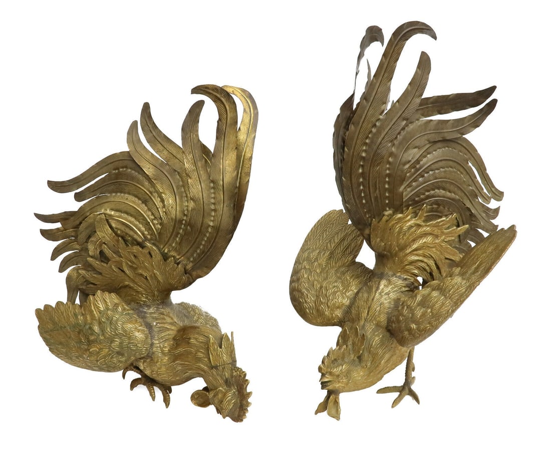 Pair Austrian Gold Painted Bronze Large Fighting Rooster Figures, Early 20th C.: Pair Austrian gold painted bronze large fighting rooster figures, Early 20th Century Weight Approx., 20 lb Measures Approx., 13 inches x 10.5 inches x 17.75 inches tall Domestic Shipping: $55
