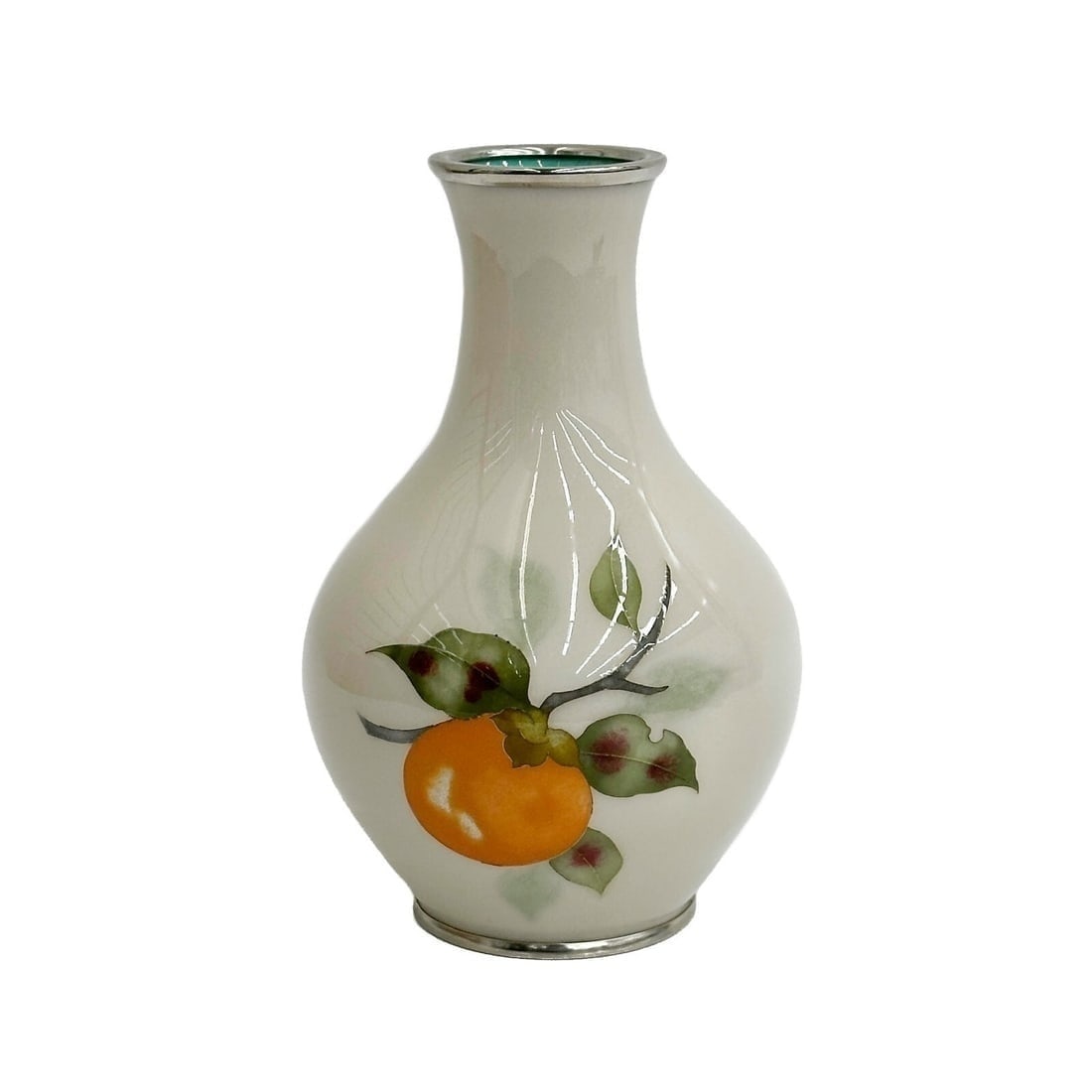 Yukio Tamura Japanese Cloisonne Enamel Vase Citrus Signed: Yukio Tamura Japanese Cloisonne Enamel Vase. Vase with metal mounts, a white ground decorated with citrus fruit and leaves. Underside marked for Yukio Tamura ??? Weight: Approx. 1 lb Measurements: App