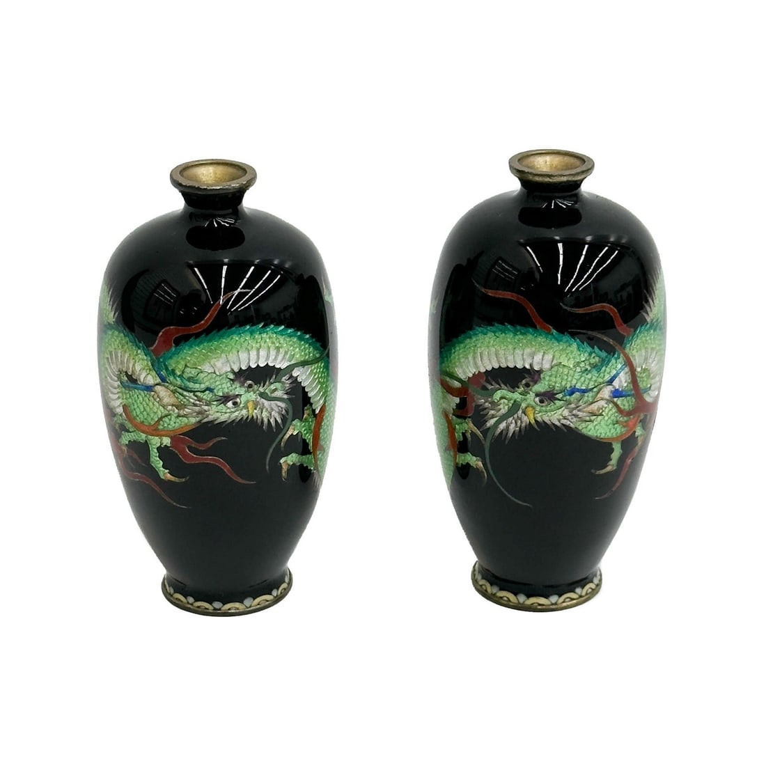 Pair Japanese Ginbari Cloisonne Enamel Bronze Vases Green Dragons Meiji Period: Pair Japanese Ginbari Cloisonne Enamel Bronze Vases, Meiji period. Black enamel ground with green Ginbari enamel dragons to the body. Weight: Approx. .5 lb Measurements: Approx. 1.75 inches diameter 3