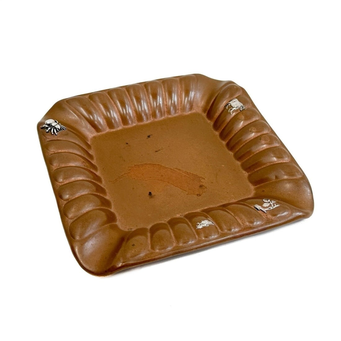 Gorham Mixed Metal Copper & Silver Square Ashtray or Dish: Gorham Mixed Metal Copper & Silver Square Ashtray or Dish. Square copper scalloped dish with applied silver spider, cow, insect, and fruit. Underside marked Gorham co Y109 P Weight Approx., 1 lb Measu
