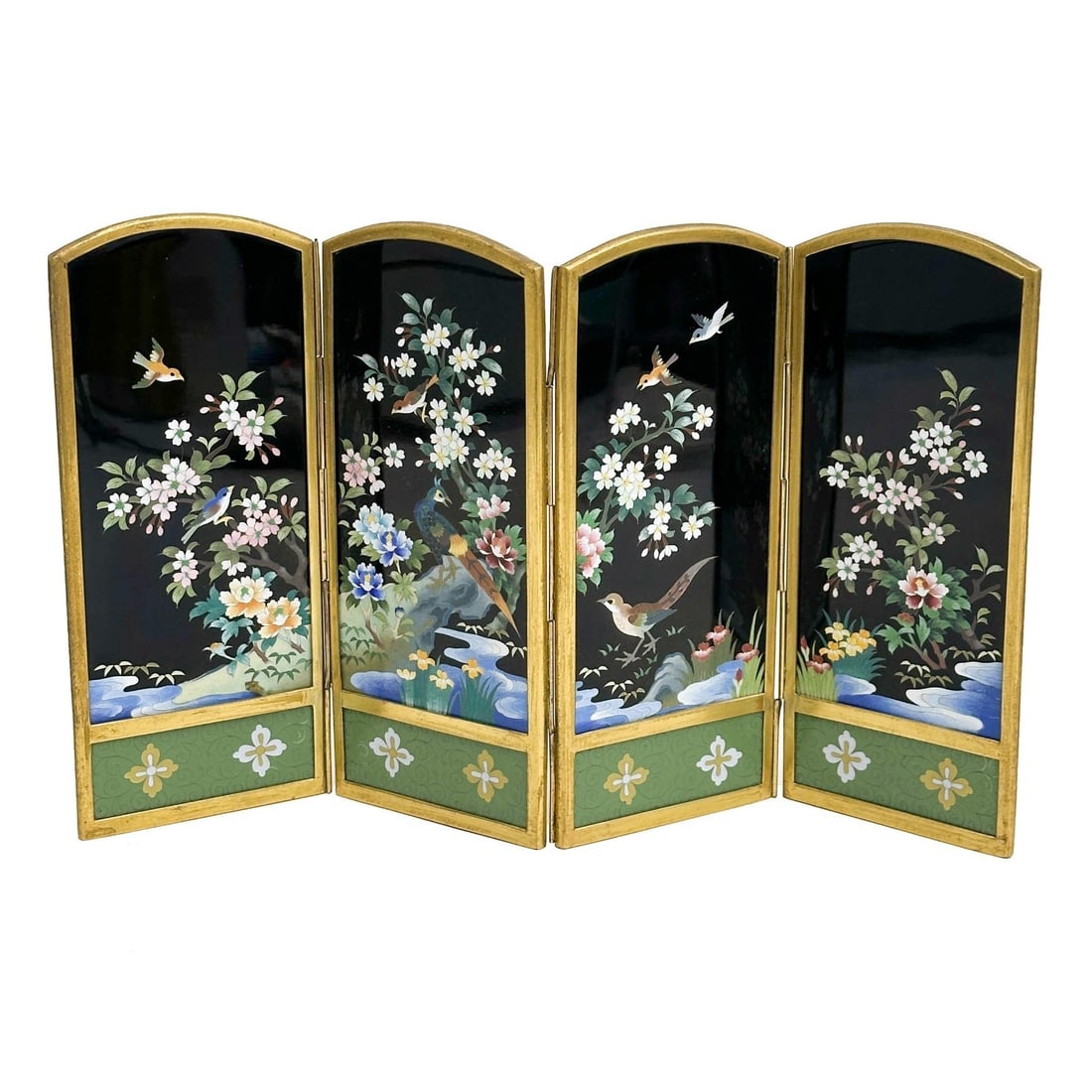 Inaba Shichiho Japanese Cloisonne Enamel Gilt Metal Small Table Screen c1900: Inaba Shichiho Japanese Cloisonne Enamel Small Table Screen, circa 1900. Folding table screen with cloisonne scenes of floral branches, birds, and waves to one side. Reverse with engraved metal scene