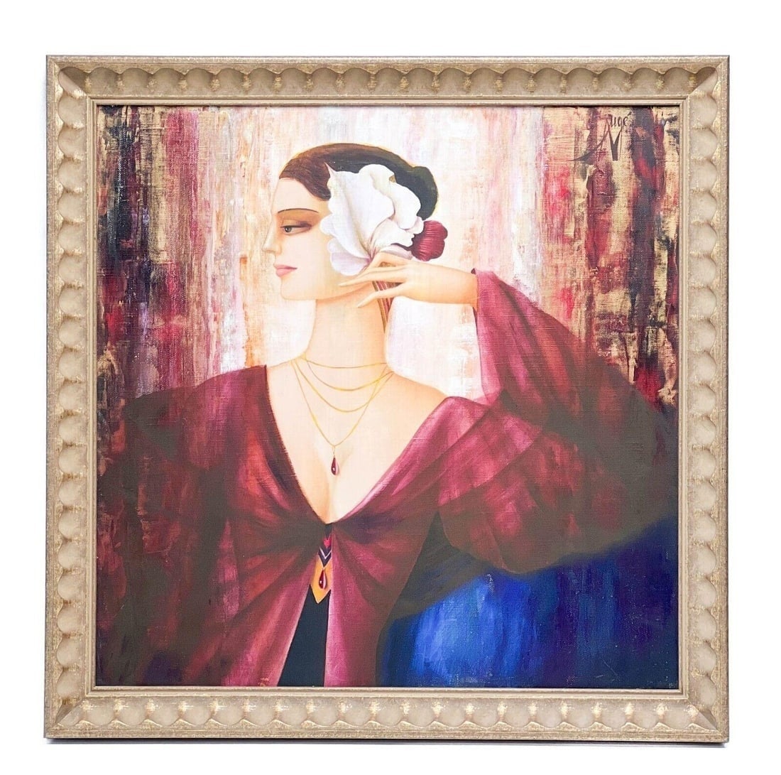 Philippe Auge Oil on Canvas Painting Woman with a Flower Femme avec Une Fleur: Philippe Auge (French, b. 1935) oil on canvas painting Femme avec Une Fleur. Painting depicts a woman in red holding a flower. Signed to the top right corner. In a gilt wood wall hanging frame. Weight