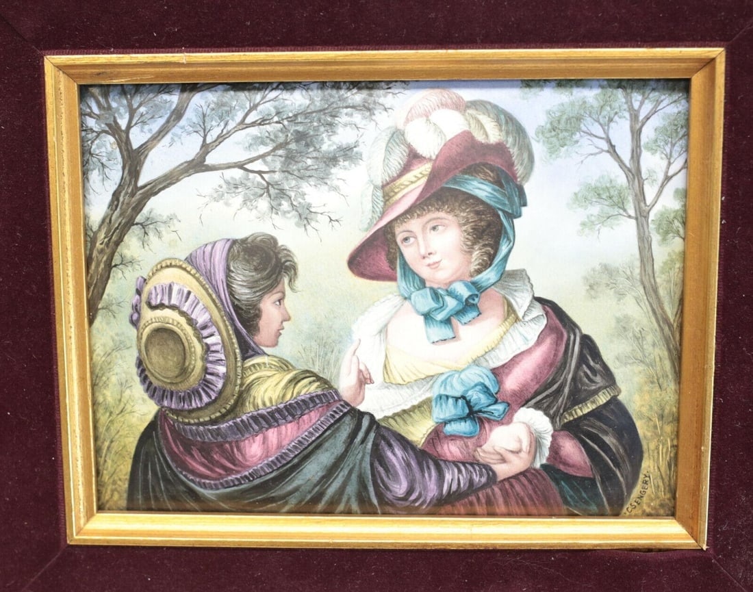 Continental Enamel on Curved Copper Plaque, 19th C: Continental possibly French enamel on curved copper plaque, 19th Century or earlier. Charming hand painted plaque period era women in the woods. Signed CS ENGERY to the lower right hand corner. Framed