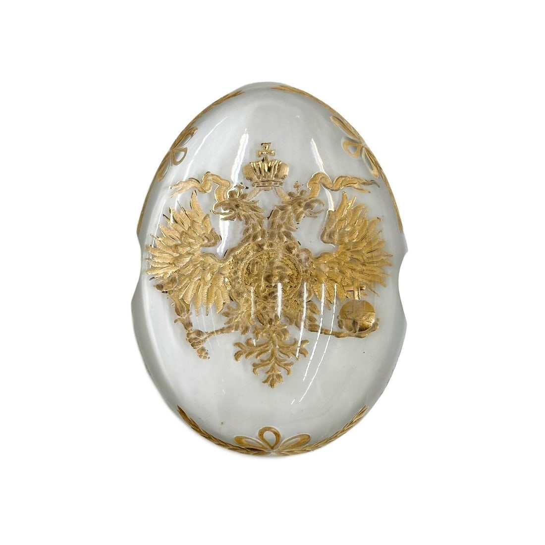 Theo Faberge Romanov Crystal Egg Paperweight Signed COA with Case: Theo Faberge Romanov Crystal Egg with Case. Clear glass egg paperweight with intaglio gilt imperial decoration with crown. With St Petersburg Collection certificate of authenticity signed by Theo Fabe