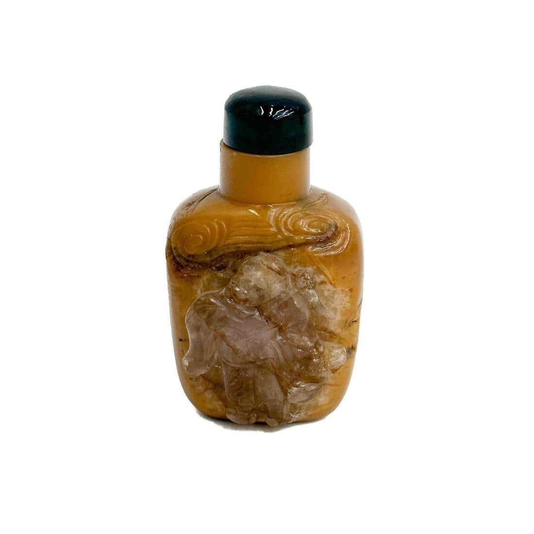 Chinese Carved Translucent Jade Agate Stone Snuff Bottle Mi Lo Fu Buddha c1820: Chinese Carved Translucent Jade and Agate Stone Snuff Bottle, circa 1820. Carved high relief image depicting Mi Lo Fu Buddha in colorless jade transitioning to agate. Dark green glass stopper, stopper