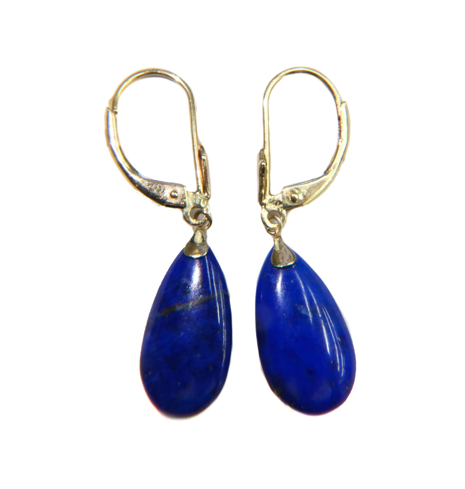 14k Yellow Gold and Teardrop Lapis Lazuli Leverback Earrings: 14k Yellow Gold and Teardrop Lapis Lazuli Leverback Earrings. Teardrop Lapis Lazuli measuring approximately 17.12mm x 9.18mm. Marked 14k to hinge. Weight Approx., 2.80 grams Measures Approx., 1.5 inch