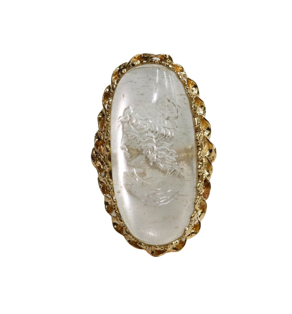 Victorian 14k Yellow Gold and Carved Rock Crystal Ring Size 6.5: Victorian 14k Yellow Gold and Carved Rock Crystal Ring Size 6.5. Carved portrait of a beauty to rock crystal. Unmarked, but tests for 14k gold. Weight: Approx. 9.05 grams Measurements: Approx. Size 6.