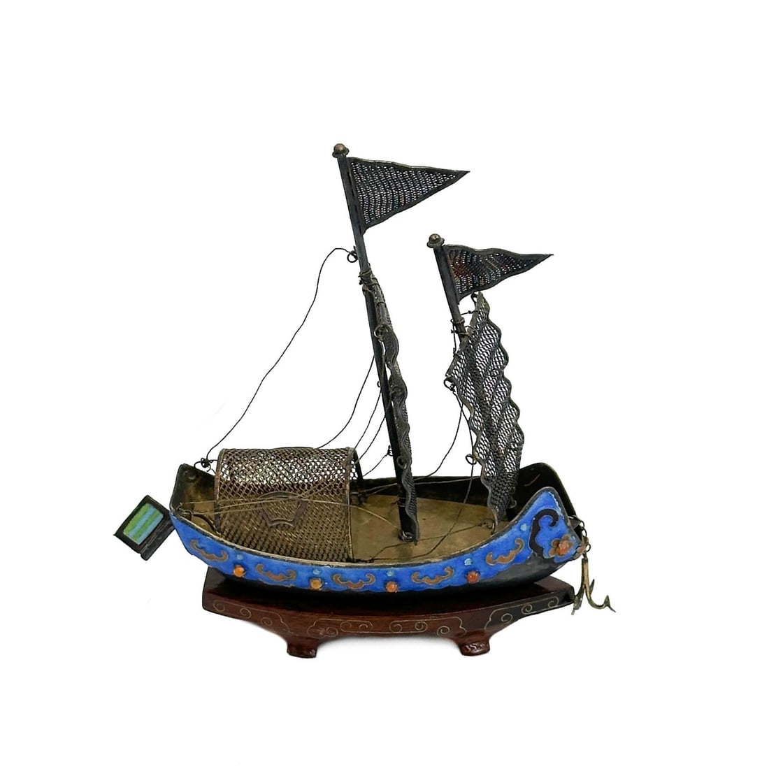Chinese 925 Silver Filigree and Enamel Miniature Ship Figurine mid century: Chinese 925 Silver Filigree and Enamel Miniature Ship Figurine, mid century. Mounted on a wood base, stamped to the back edge S925. Weight: Approx. 2.8 ozt gross weight including base Measurements: Ap