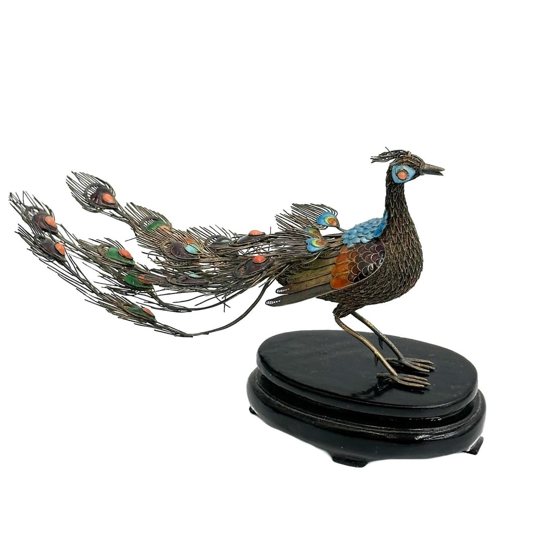 Chinese 925 Silver Filigree and Enamel Bird Peacock Figurine mid century: Chinese 925 Silver Filigree and Enamel Peacock Figurine, mid century. Mounted on a wood base. Underside of peacock marked S925 Weight: Approx. 4.75 gross ozt including base Measurements: Approx. Peaco