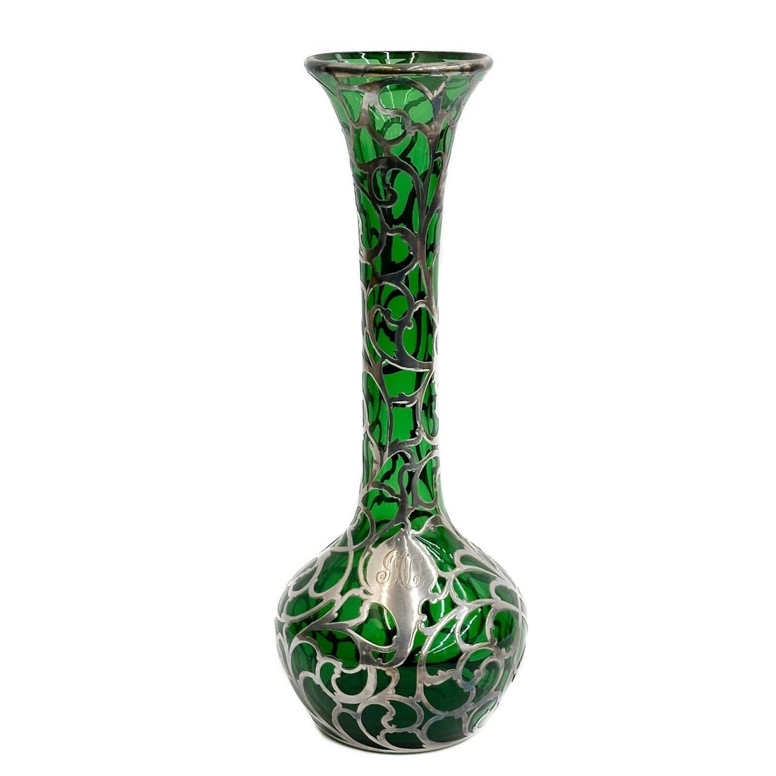 American Alvin 999 Fine Silver Overlay Green Glass Vase c 1900 (1 of 5)