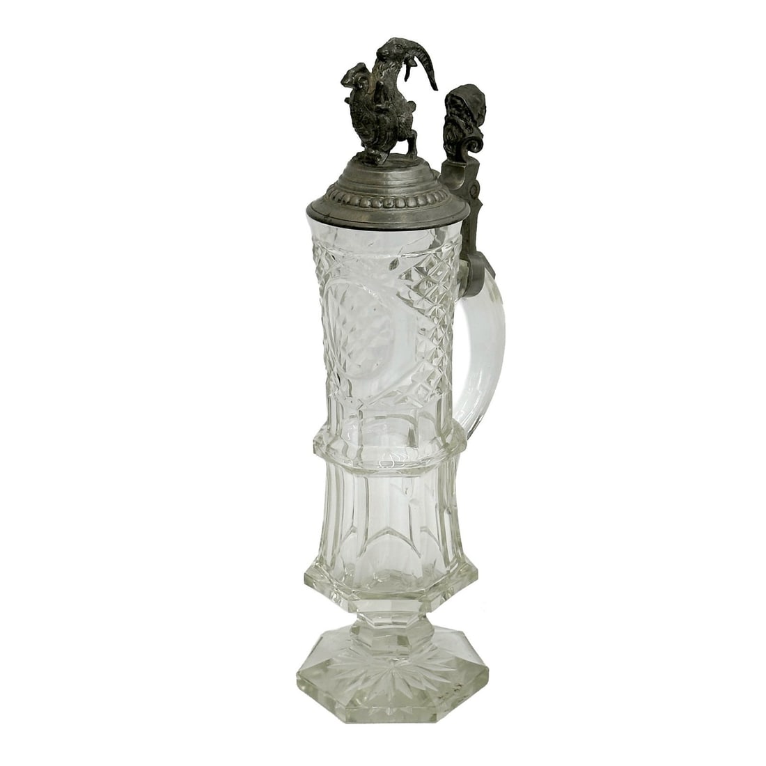 Continental Glass Stein Pitcher with Pewter Figural Lid early 20th century (1 of 5)