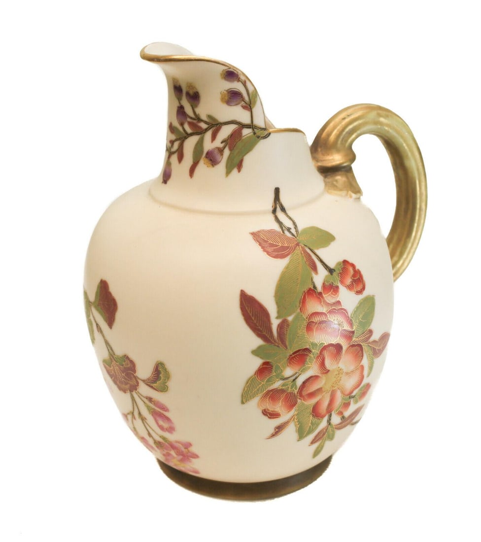 Royal Worcester Porcelain Hand Painted Blush Ivory Floral & Gilt 8" Pitcher 1888: Royal Worcester porcelain hand painted blush ivory floral & gilt 8" pitcher #1094, 1888. Beautiful hand painted red, pink and blue flowers throughout. Marked to the underside base dated to 1888. Weigh