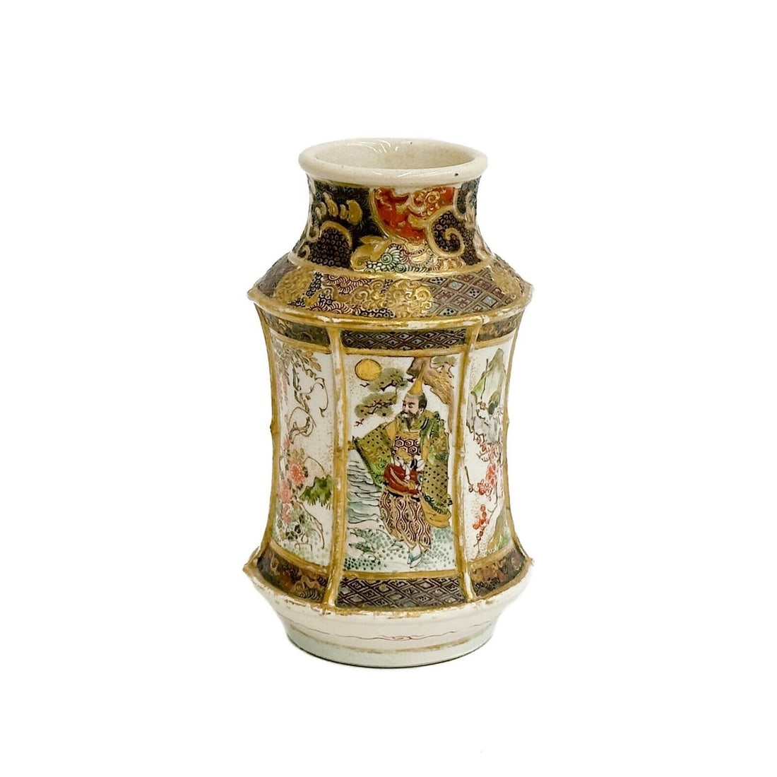 Miura Gessen Japanese Satsuma Hand Painted Porcelain Vase Meiji Period: Miura Gessen Japanese Satsuma Hand Painted Porcelain Vase. Vase with paneled sides ornately decorated with figures and florals. Underside with impressed marks, Miura Gessen ??. Approximate weight: 1 l