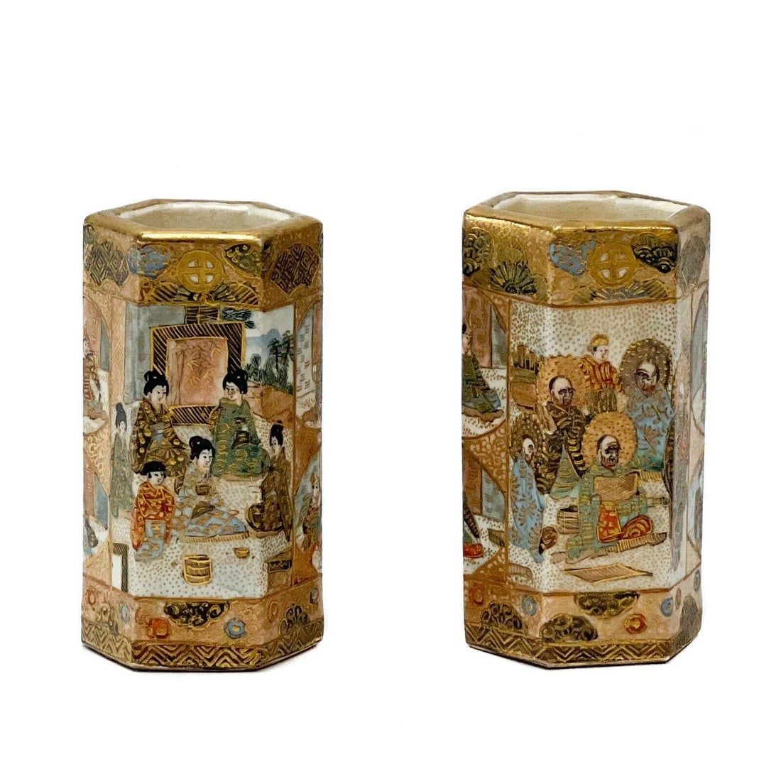 Pair Japanese Satsuma Hand Painted Porcelain Miniature Hexagonal Vases: Pair Japanese Satsuma hand painted porcelain miniature vases, Meiji period. Hexagonal shaped vases, both vases painted with the same scenes depicting figures in traditional kimono. Fan and floral deco