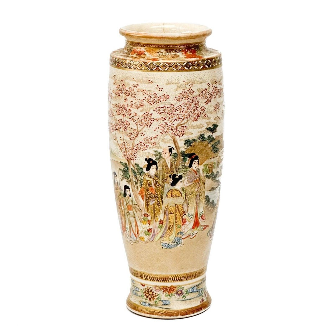 Japanese Satsuma Hand Painted Porcelain Vase, Meiji period: Japanese Satsuma hand painted porcelain vase, Meiji period. Hand painted decoration to the body depicting figures in a landscape scene wearing traditional kimono. Gilt accents. Apparently unmarked. We