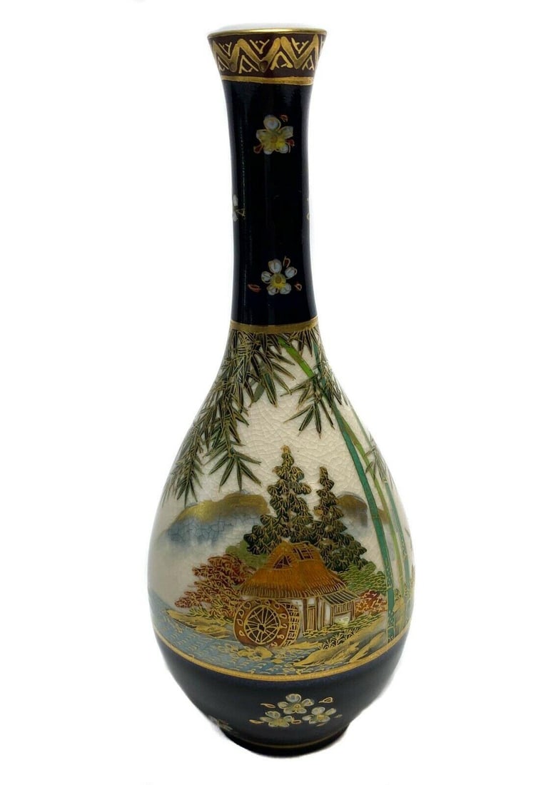 Japanese Satsuma Hand Painted Vase Mill House & Floral Scene Taisho Period: Japanese Satsuma Hand Painted Vase Mill House and Floral Scene Taisho Period. Front of vase depicts a scene of a mill house surrounded by plants. Weight Approx., 0.4 lbs Measures Approx., 3 inches dia