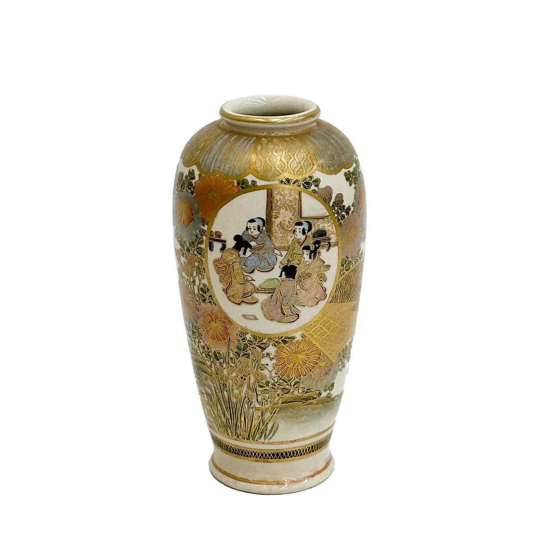Kizan Japanese Satsuma Hand Painted Porcelain Vase Meiji period: Kizan Japanese Satsuma Hand Painted Porcelain Vase. Hand painted landscape scene with florals, gilt accents. Panel of figures to one side Underside marked Kizan?? Weight: Approx. .5 lb Measurements: A