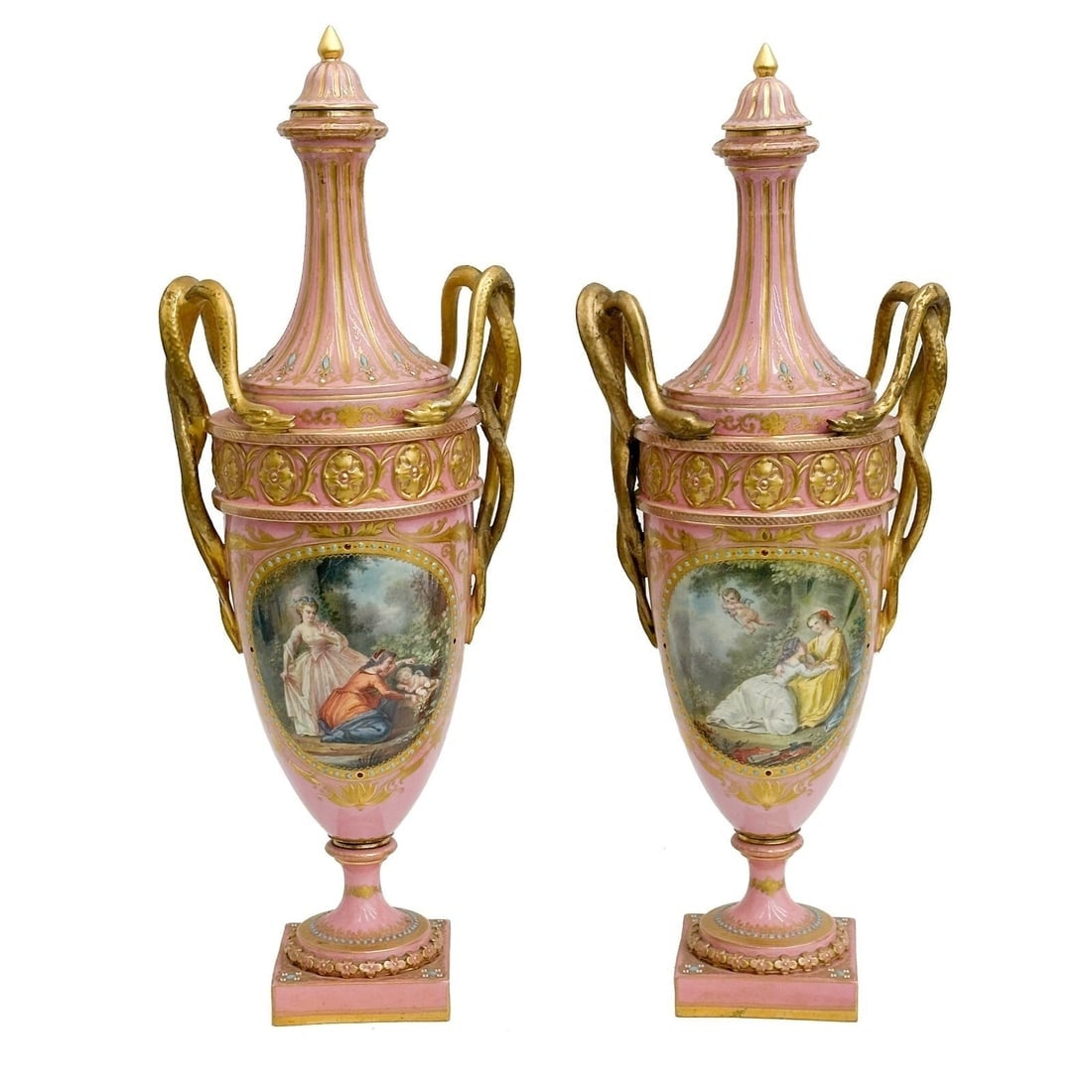 Pair Sevres France Hand Painted Enamel Jeweled Porcelain Lidded Vases 19th cen: Pair Sevres France Hand Painted Enamel Jeweled Porcelain Lidded Vases, 19th century. A pink ground, turquoise, white, and red enamel jewel decoration, gilt accents. Figural snake handles. Hand painted