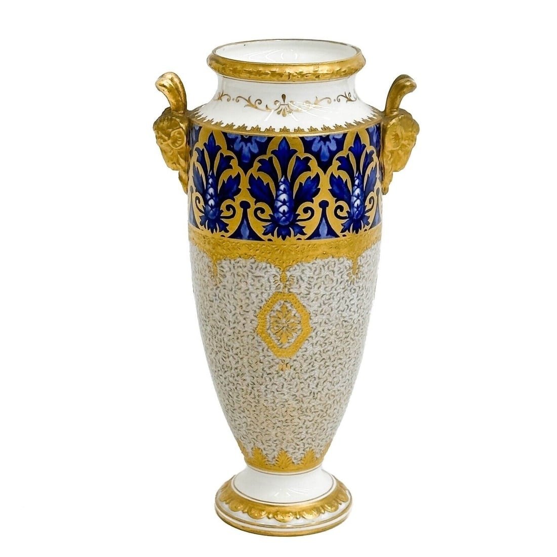 Coalport England Porcelain Twin Handled Vase or Urn: Coalport England porcelain twin handled vase or urn, circa 1900. A cobalt blue and white ground with gilt leaf swirls throughout. Coalport England mark to underside. Approximate weight: 1.5 lbs Measur