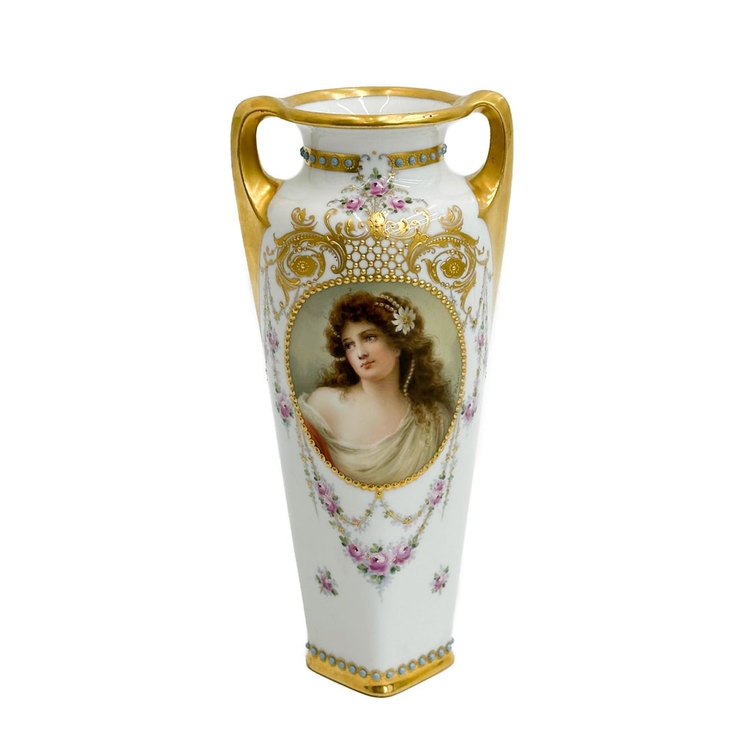 Royal Vienna Austria Hand Painted Porcelain Vase Mercedes signed Wagner: Royal Vienna Austria Hand Painted Porcelain Vase, early 20th century. A white ground with a hand painted portrait to the side, artist signed Wagner to lower edge. Twin handled vase with gilt accents. 