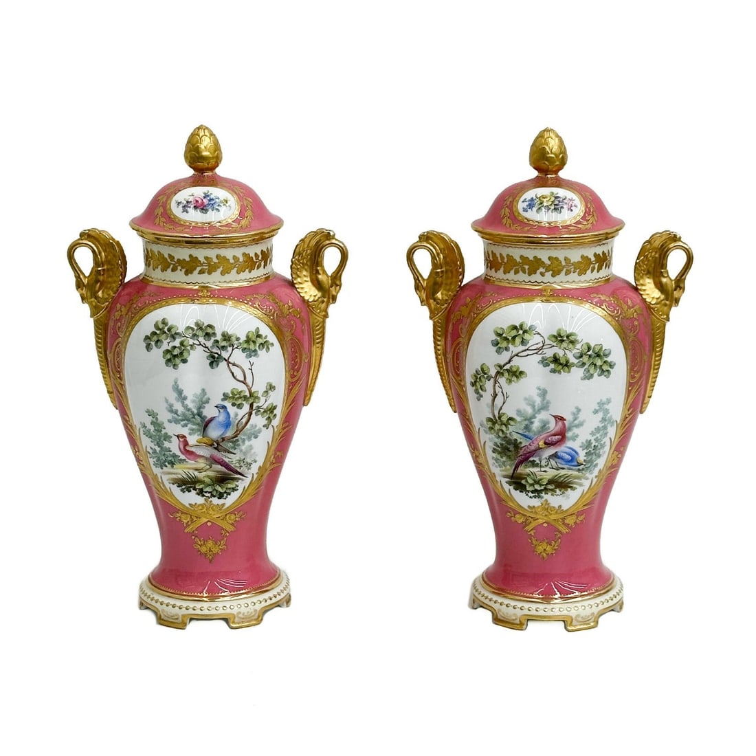 Pair Copeland Spode English Porcelain Covered Urns Birds (1 of 8)