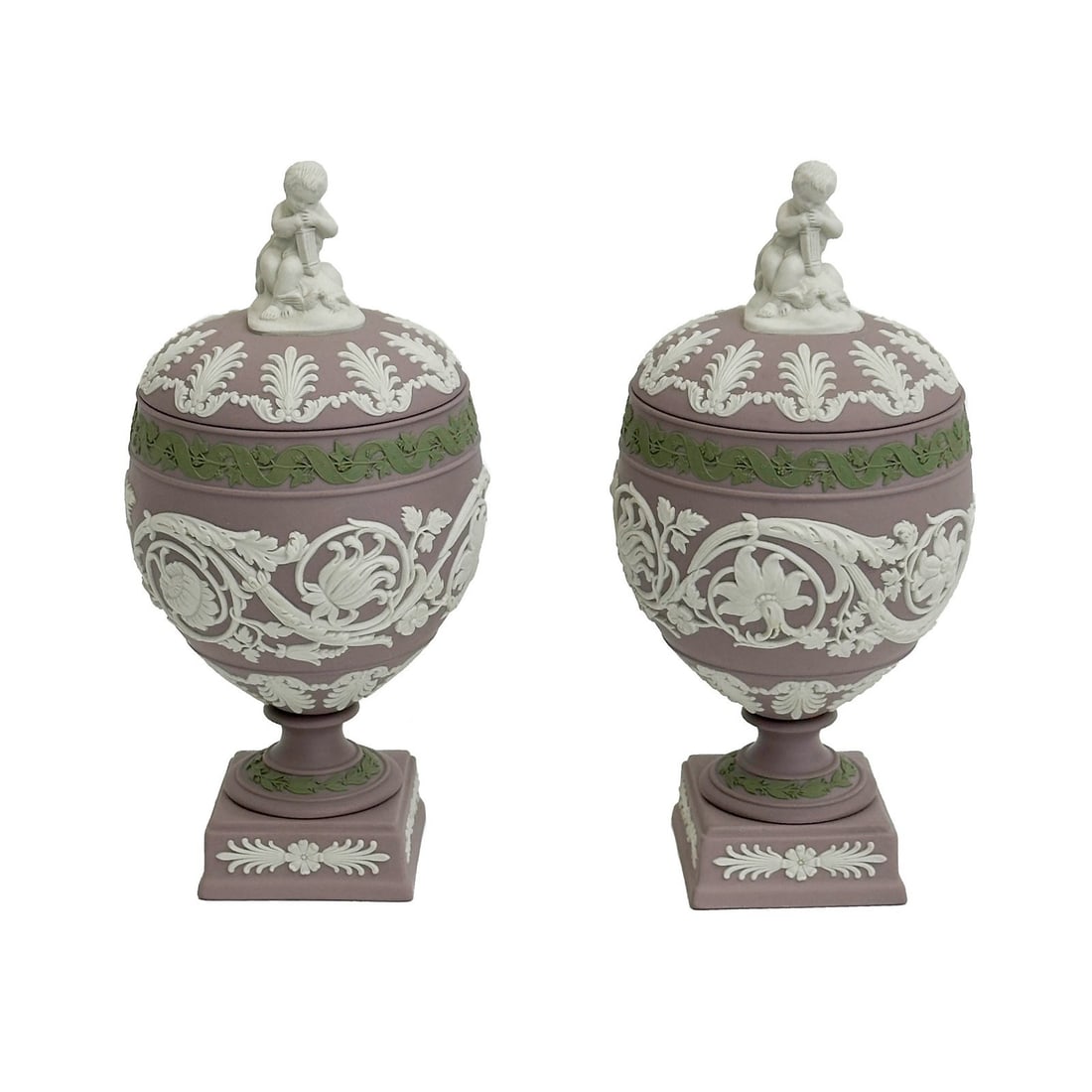 Pair Wedgwood Multicolor Lilac Green White Jasper Lidded Urn St James Ltd Ed/100 (1 of 8)