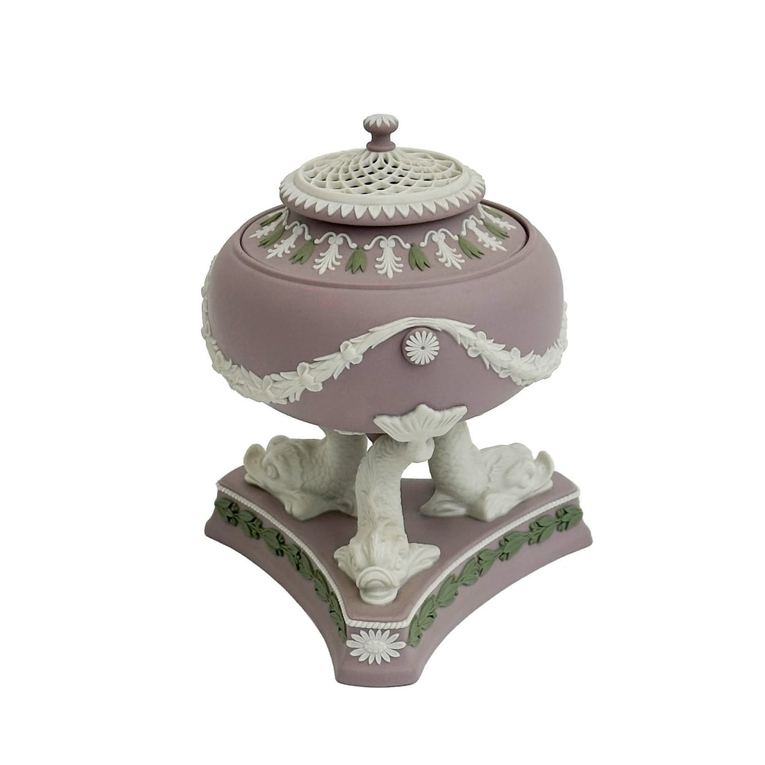 Wedgwood Multicolor Lilac Green White Jasper Pastille Burner St James Ltd Ed/100: Wedgwood England Multicolor Lilac, Sage Green, and White Jasper Pastille Burner. A lilac purple jasper ground, white jasper decoration, figural dolphins to base. Sage green jasper salt accents. Unders