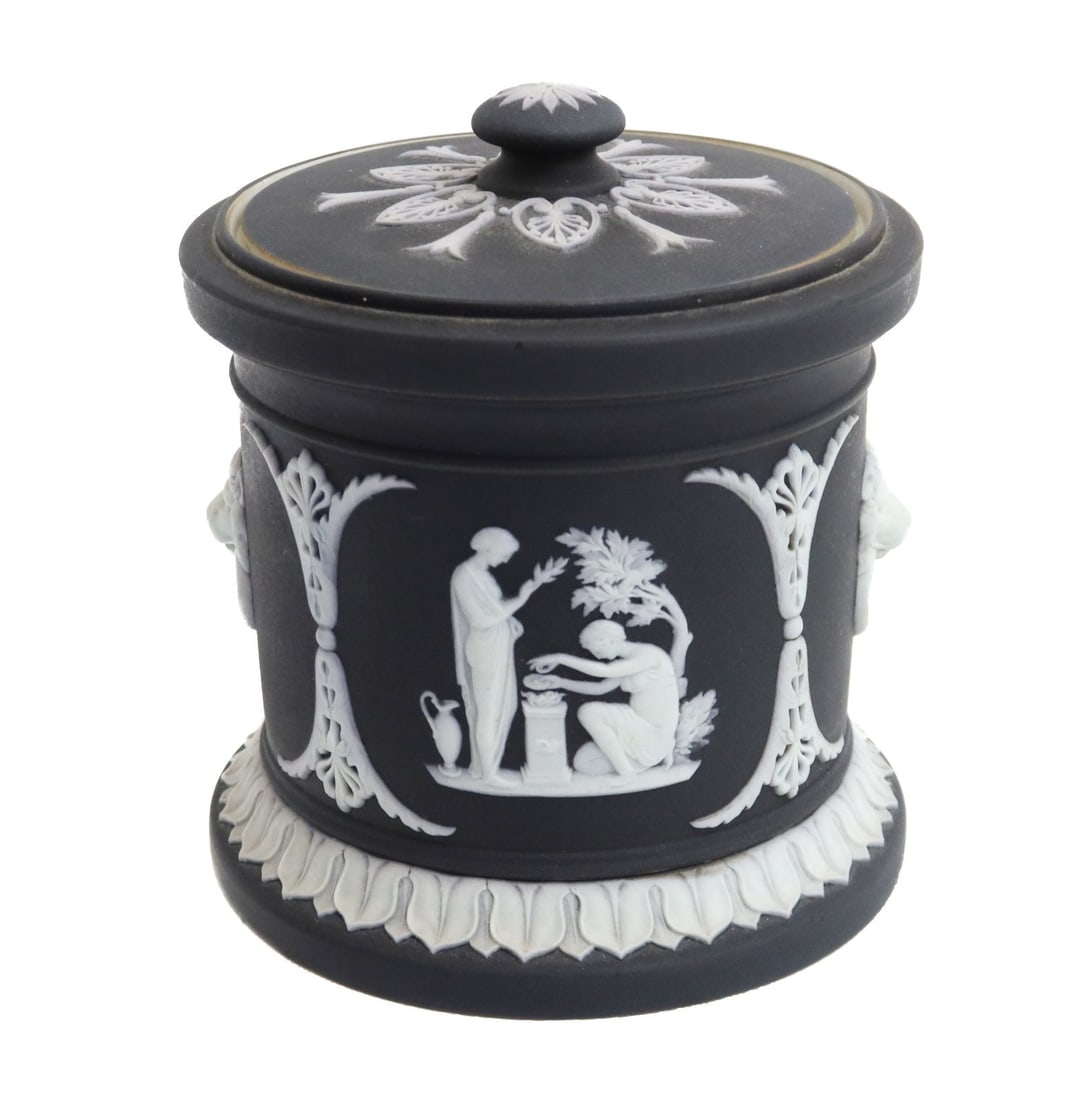 Wedgwood England Black Dipped Jasperware Figural Round Lidded Box 1891 (1 of 10)