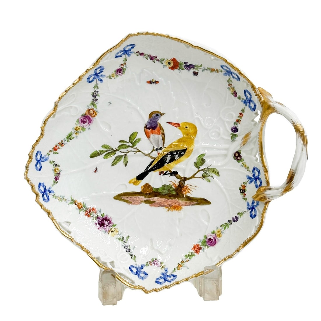 Meissen Marcolini German Painted Porcelain Leaf Dish Birds Ornithological c1800: Meissen Marcolini German Hand Painted Porcelain Leaf Dish Ornithological Birds, circa 1800. Leaf form handled dish, hand painted floral garlands with ribbons to edge, birds to center. Gilt accents. Un