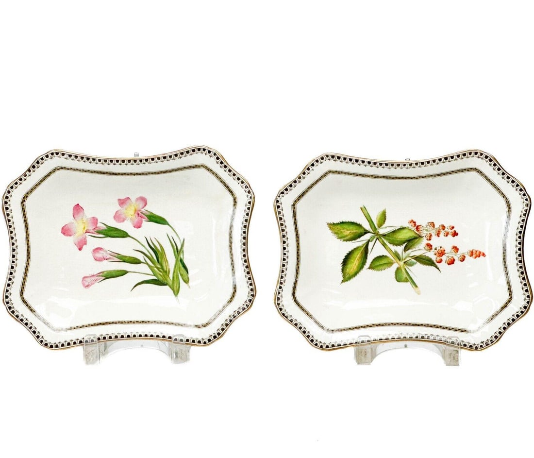 Pair Wedgwood England Botanical Dishes 18th/19th century: Pair Wedgwood England hand painted porcelain dishes, 18th/19th centur. A white ground with hand painted pink and red flowers to the center. Brown designs to the edge, gilt to the rim. Impressed Wedgwo