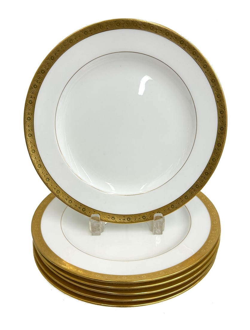 6 Minton England Porcelain 10.25 inch Dinner Plates Gold Band circa 1900 (1 of 7)