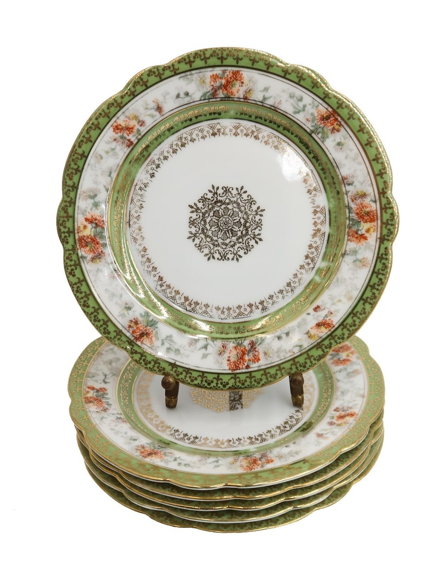 6 Imperial Crown China Austria Porcelain Scalloped Bread Plates circa 1900: 6 Imperial Crown China Austria porcelain scalloped bread plates, circa 1900. Green and white ground with hand painted flowers and gilt accents. Imperial Crown China mark to underside. Weight: Approx. 