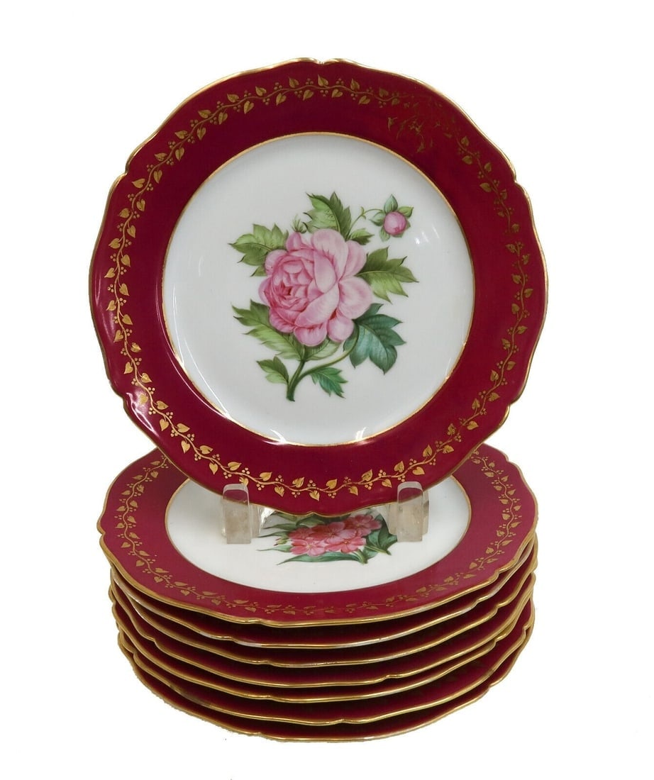 8 Escalier Cristal Lahoche Pannier Hand Painted Porcelain Dessert Plates c1900: 8 Escalier de Cristal Lahoche Pannier hand painted porcelain dessert plates, circa 1900. Burgundy ground to scallop edge with various hand painted flowers to center and gilt vine leaves to rim with a 