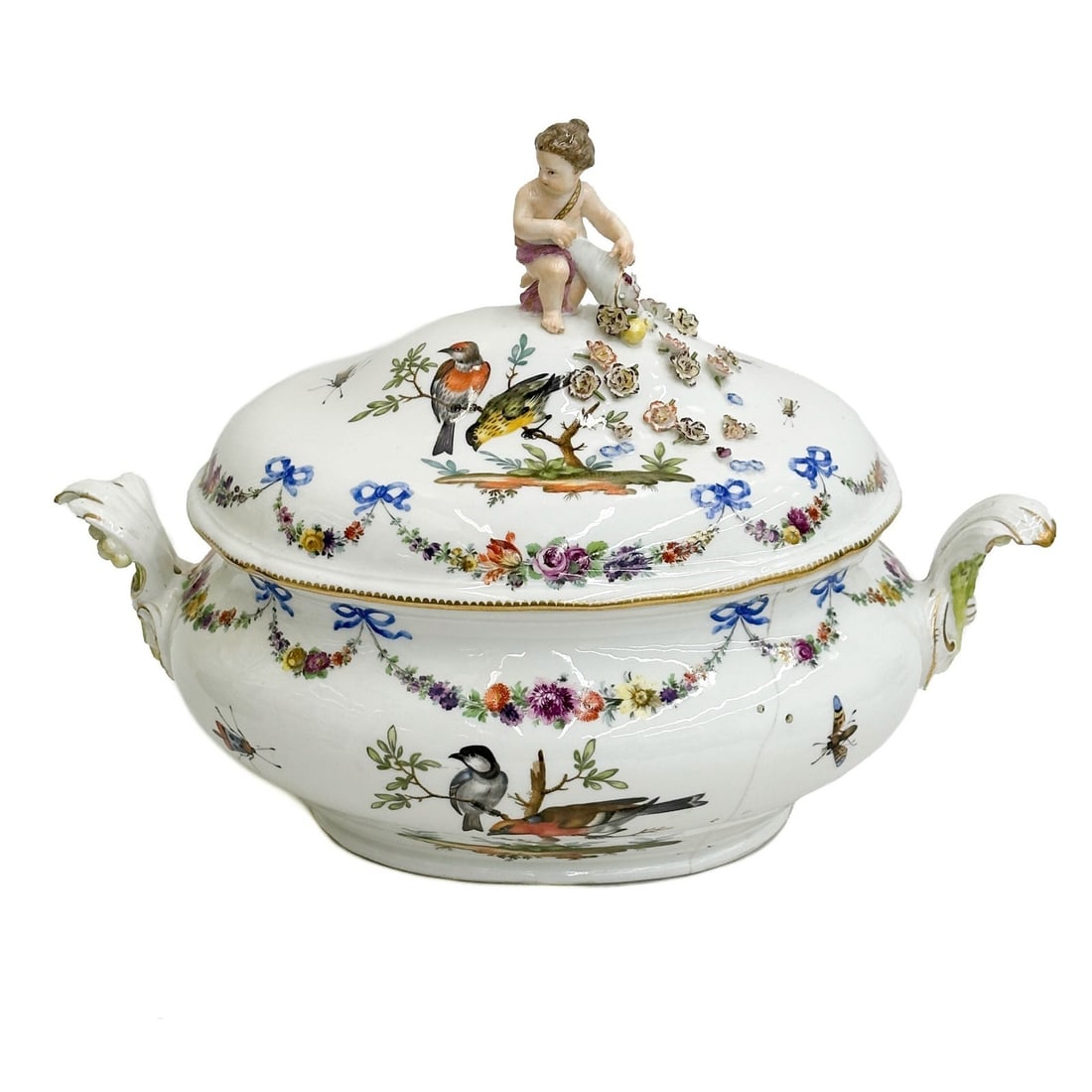 Meissen Marcolini German Porcelain Lidded Tureen Ornithological Birds Putti: Meissen Marcolini German Hand Painted Porcelain Lidded Tureen Ornithological. Figural putti finial to lid, raised florals. Hand painted floral garlands with ribbons to the edge, birds to the center, g