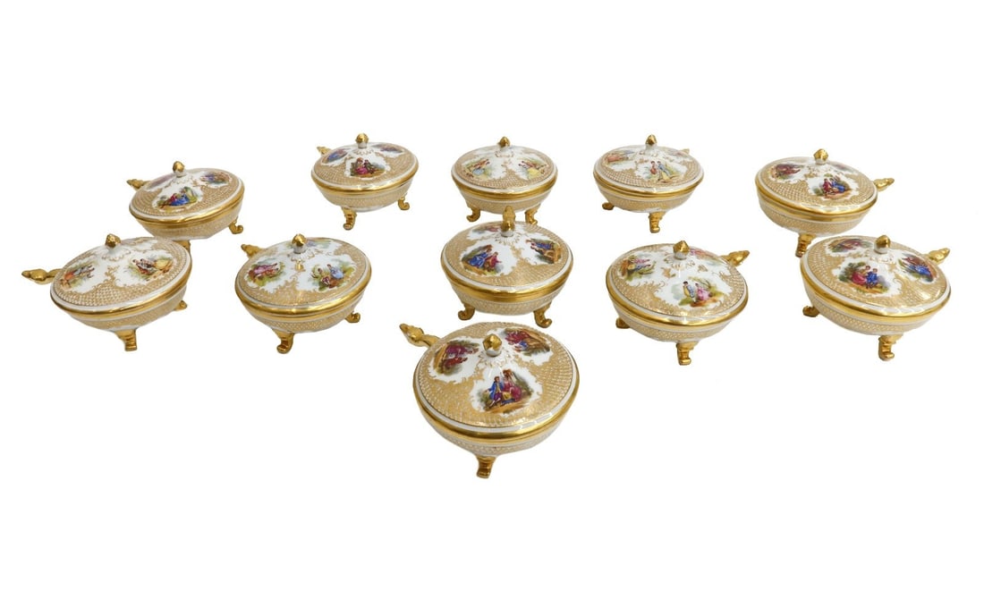 11 Carl Thieme Dresden Hand Painted Porcelain Goose Handled Bouillon Bowls 19thC: 11 Carl Thieme Dresden hand painted porcelain goose handled lidded bouillon bowls, Late 19th Century. Hand painted courting scenes throughout with gilt accents. Goose neck to handle. Underside with Ca